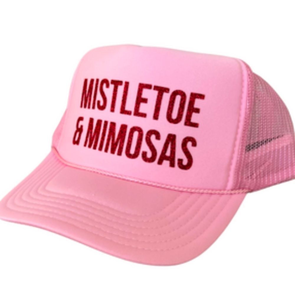 Mistletoe & Mimosas Pink Trucker Hat BRAND NEW Red Glitter Writing Snap Back NWT
